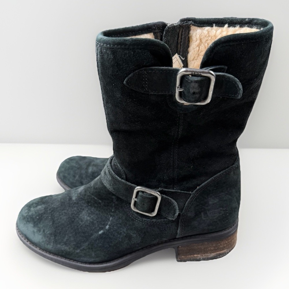 UGG Simmens Black Suede Biker Boots Womens 8 Waterproof Buckle Zip 1006042 - Picture 3 of 8